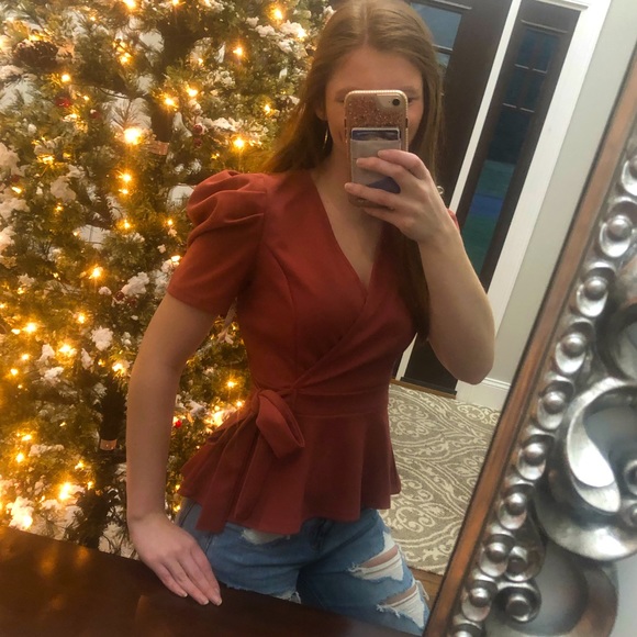 Klaxons Tops - Puff Sleeve Top with Bow Detail Wrap Front